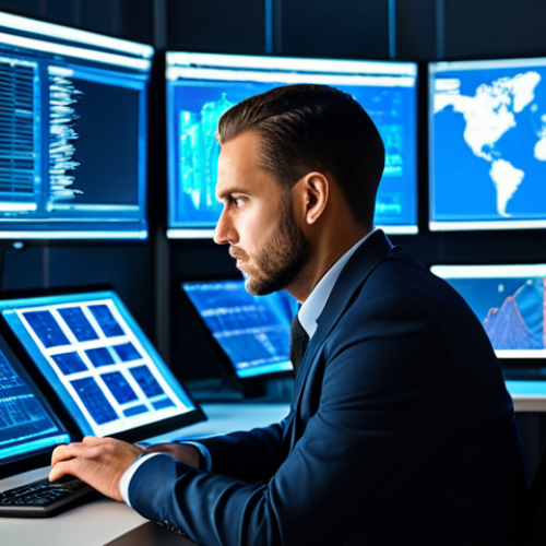 Home 7 A highly skilled male cybersecurity professional, an adult of professional age, focused intensely on multiple holographic screens displaying intricate data visualizations and network graphs within a cutting-edge Security Operations Center (SOC). He is seated at a modern workstation, leaning slightly forward, a look of calm concentration on his face. He is fully clothed in a modest, dark professional business suit with a collared shirt. The background features blurred server racks and ambient blue light reflecting off the screens, emphasizing a high-tech environment. The image emphasizes a proactive, intelligent approach to digital defense. Perfect anatomy, correct proportions, natural pose, well-formed hands, proper finger count, natural body proportions. Safe for work, appropriate content, fully clothed, professional, modest.