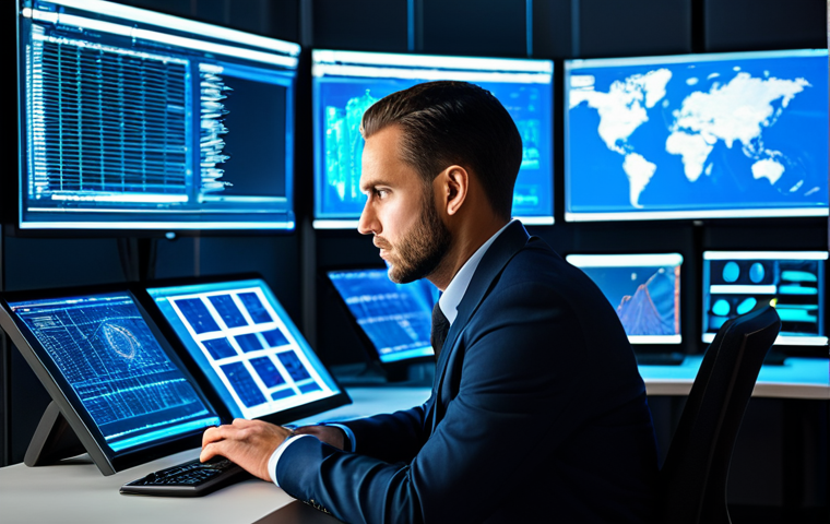 A highly skilled male cybersecurity professional, an adult of professional age, focused intensely on multiple holographic screens displaying intricate data visualizations and network graphs within a cutting-edge Security Operations Center (SOC). He is seated at a modern workstation, leaning slightly forward, a look of calm concentration on his face. He is fully clothed in a modest, dark professional business suit with a collared shirt. The background features blurred server racks and ambient blue light reflecting off the screens, emphasizing a high-tech environment. The image emphasizes a proactive, intelligent approach to digital defense. Perfect anatomy, correct proportions, natural pose, well-formed hands, proper finger count, natural body proportions. Safe for work, appropriate content, fully clothed, professional, modest.