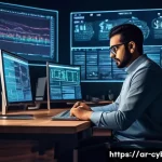 신입 사이버보안 전문가를 위한 조언 - A modern digital workspace featuring an Arab cybersecurity professional wearing smart casual attire ...