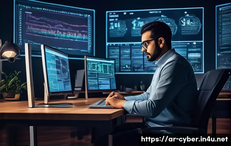 신입 사이버보안 전문가를 위한 조언 - A modern digital workspace featuring an Arab cybersecurity professional wearing smart casual attire ...