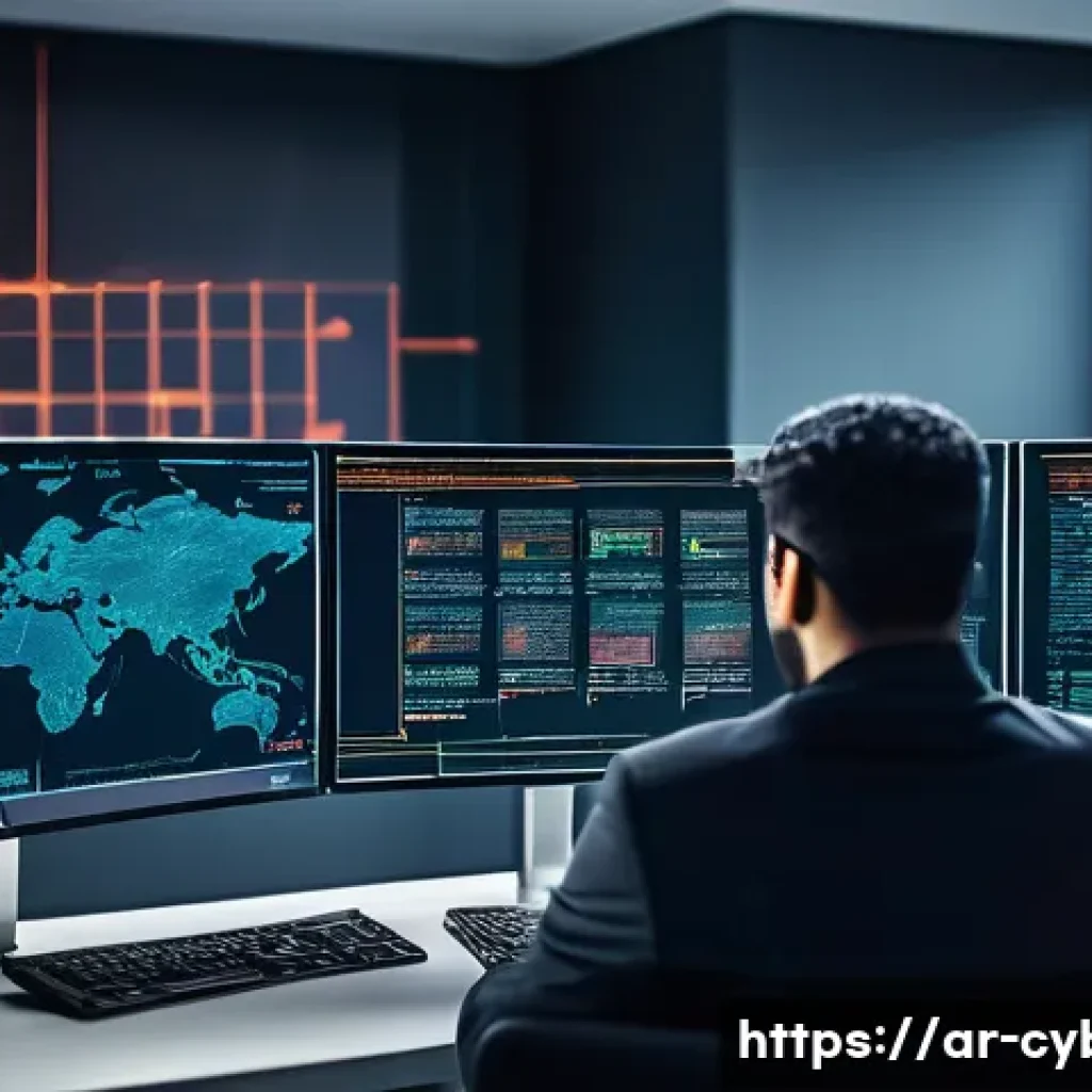 악성코드 분석 이론과 사례 - A detailed digital illustration of a cybersecurity analyst in a modern Middle Eastern office setting...