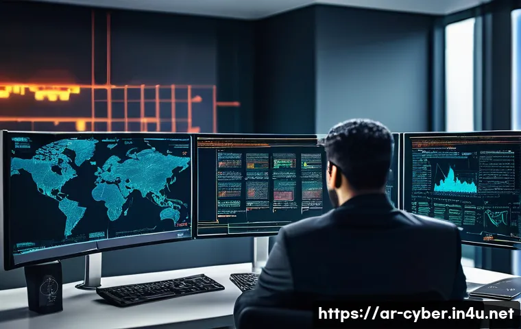 악성코드 분석 이론과 사례 - A detailed digital illustration of a cybersecurity analyst in a modern Middle Eastern office setting...
