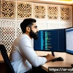 사이버보안 분야에서 성장하는 법 - A modern cybersecurity professional workspace in a Middle Eastern office setting, featuring a young ...