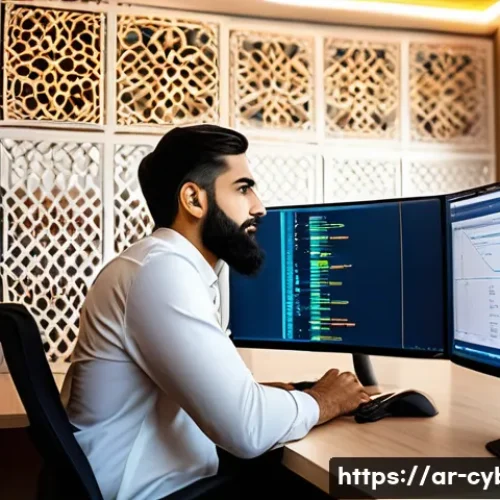 사이버보안 분야에서 성장하는 법 - A modern cybersecurity professional workspace in a Middle Eastern office setting, featuring a young ...