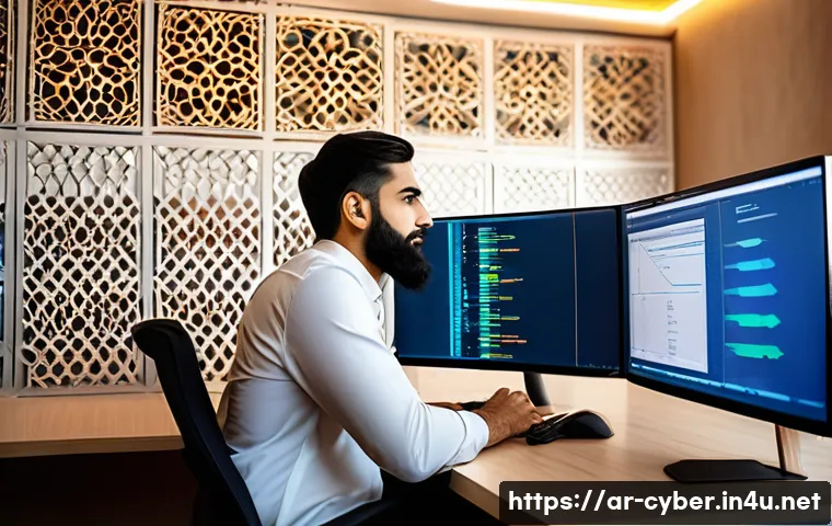 사이버보안 분야에서 성장하는 법 - A modern cybersecurity professional workspace in a Middle Eastern office setting, featuring a young ...